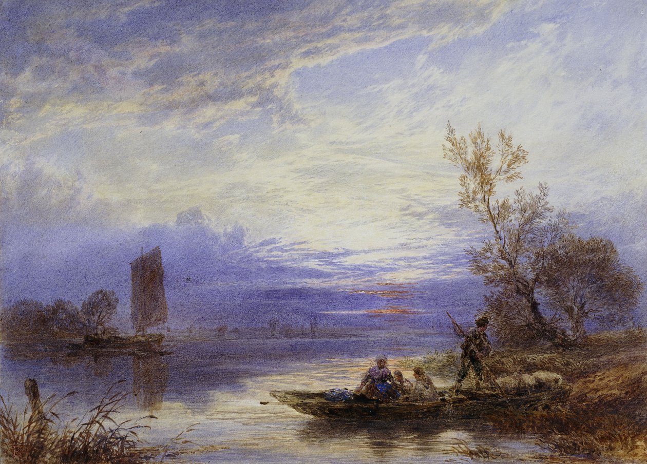 En færge ved solnedgang, af Myles Birket Foster