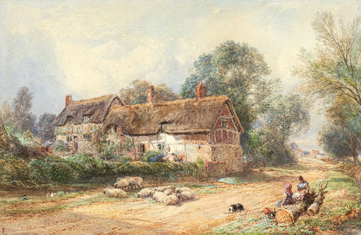 En stråtækt hytte på en vej (akvarel) af Myles Birket Foster
