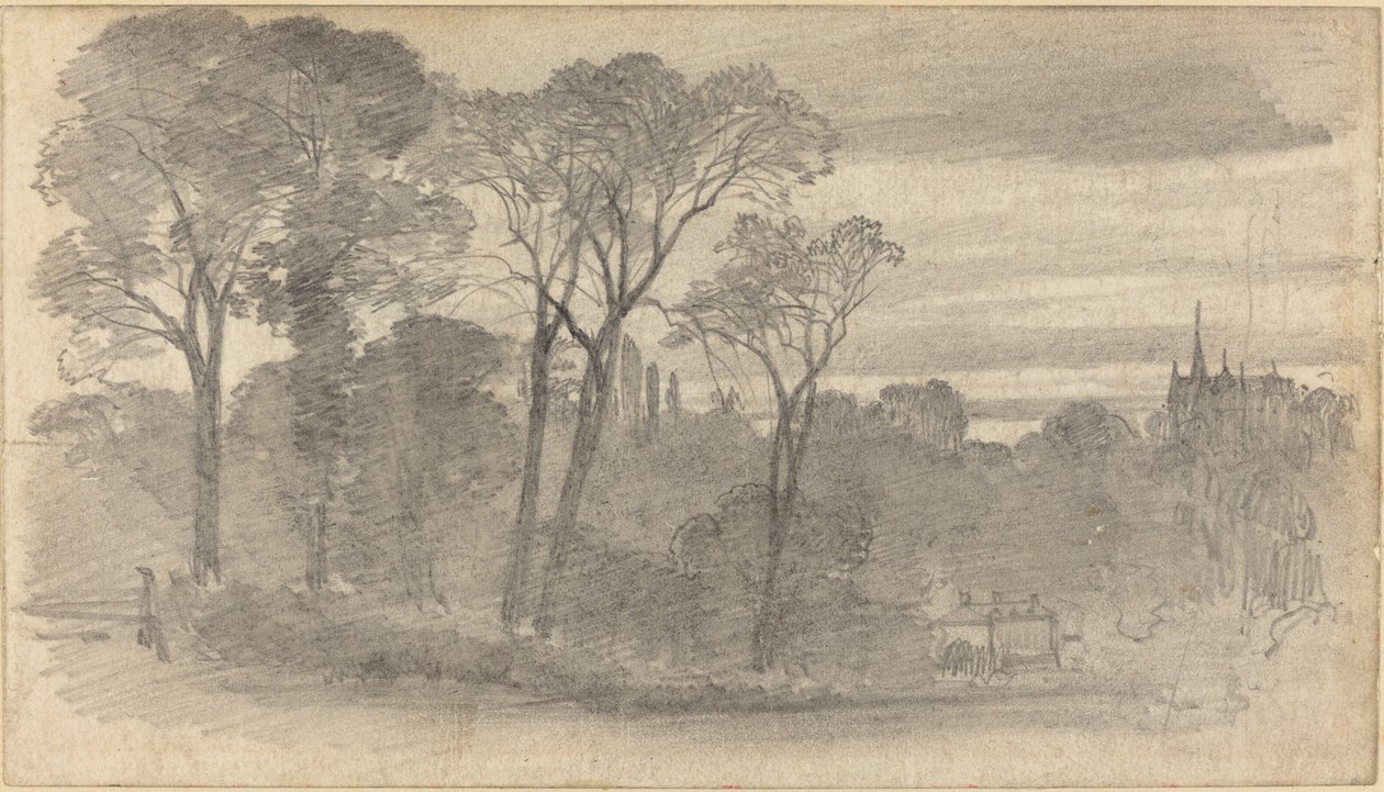 Et aftenlandskab med en fjern katedral af Myles Birket Foster