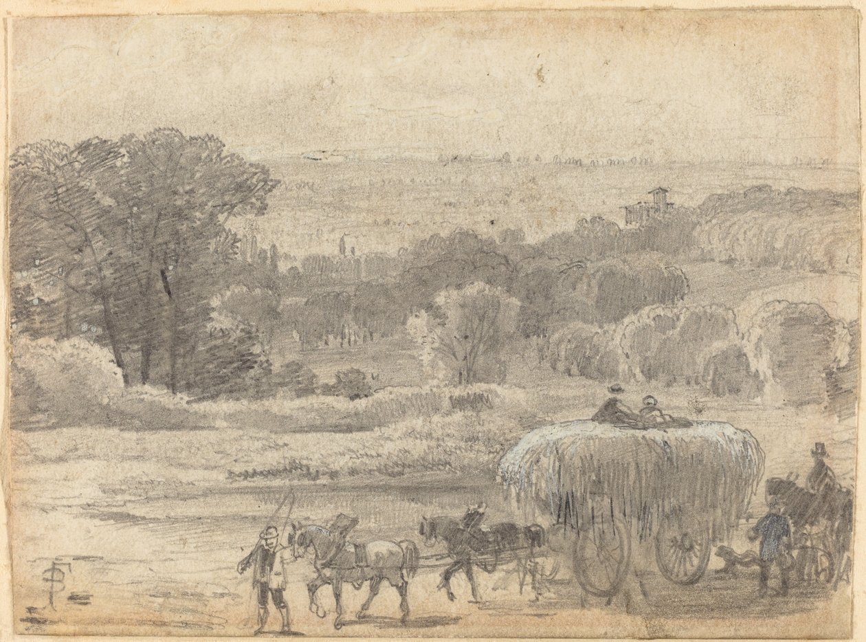 Et aftenlandskab med en høvogn af Myles Birket Foster