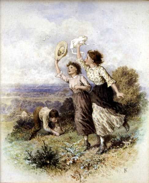 At fange sommerfugle (akvarel på papir) af Myles Birket Foster