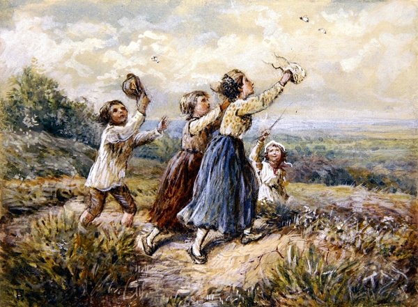 Børn, der jagter sommerfugle (gouache og akvarel på papir) af Myles Birket Foster