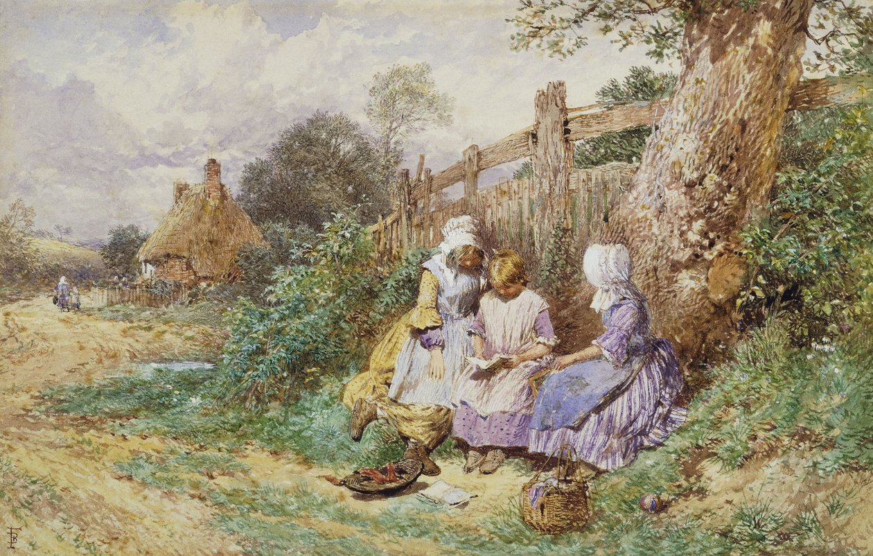 Børn læser ved siden af en landevej, af Myles Birket Foster