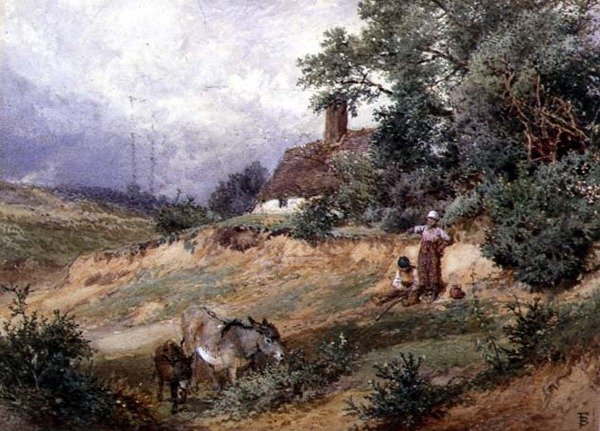 Børn og æsler ved et hedehytte af Myles Birket Foster