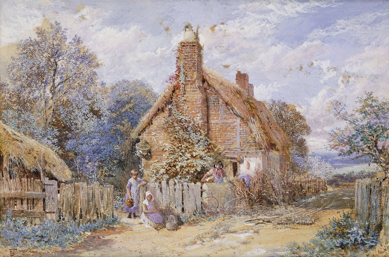 Børn ved et stråtækt sommerhus ved Chiddingfold, af Myles Birket Foster