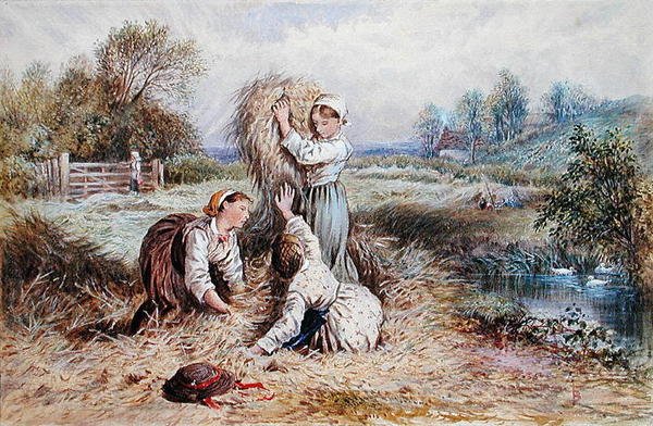 Børn leger på en eng (akvarel på papir) af Myles Birket Foster