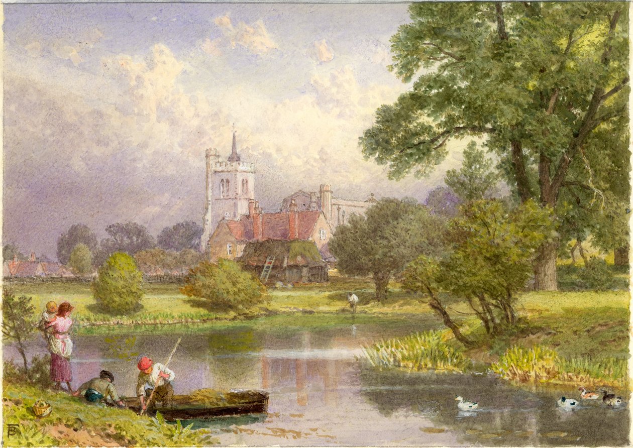 Elstow, Bedfordshire (John Bunyans fødested) (bc og wc på kort) af Myles Birket Foster