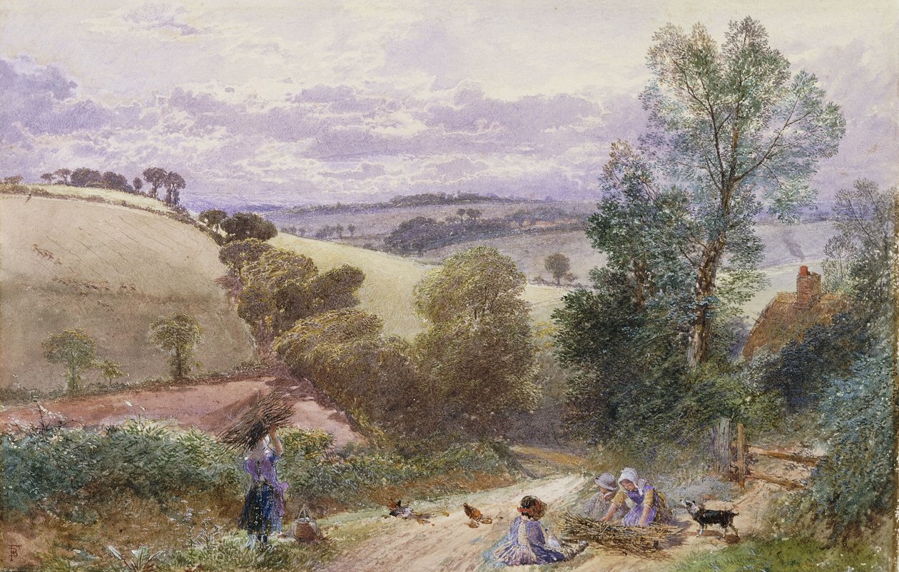 Figurer, der samler kviste ved en vej af Myles Birket Foster