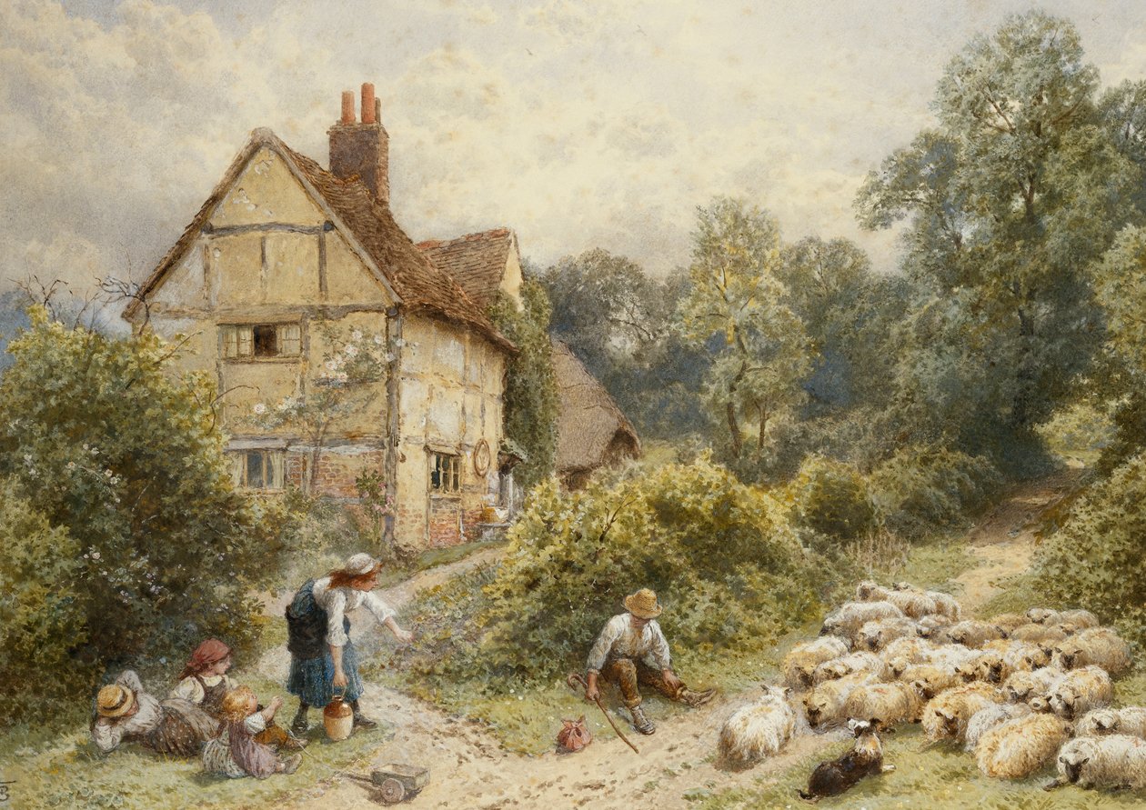Fowl House Farm, Witley, med børn, en hyrde og en flok får i nærheden, af Myles Birket Foster