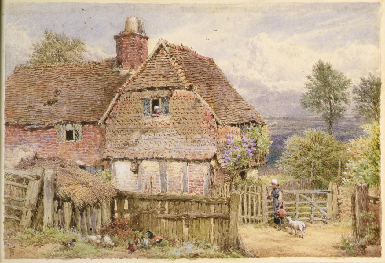 Pige med et lam fra Farmhouse (blyant og akvarel) af Myles Birket Foster