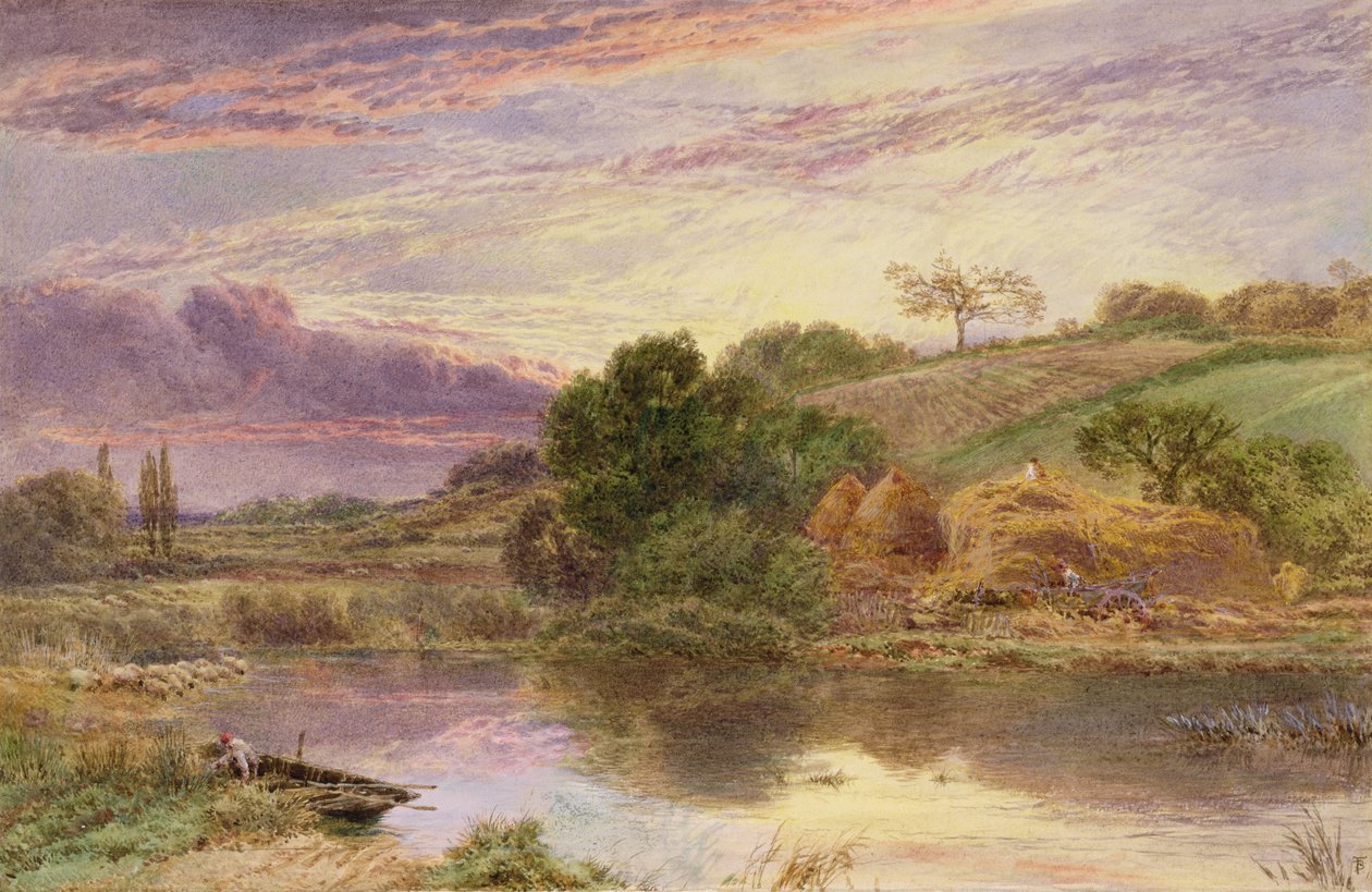 Hømagere ved siden af en flod om aftenen (akvarel forhøjet med hvid) af Myles Birket Foster