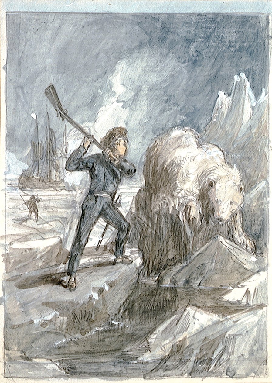 Nelson møder en bjørn, ca. 1854 (grå vask, forstærket med hvidt, akvarel, grafit) af Myles Birket Foster