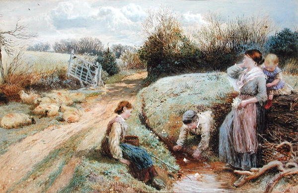 Sejlende legetøjsbåde i åen af Myles Birket Foster