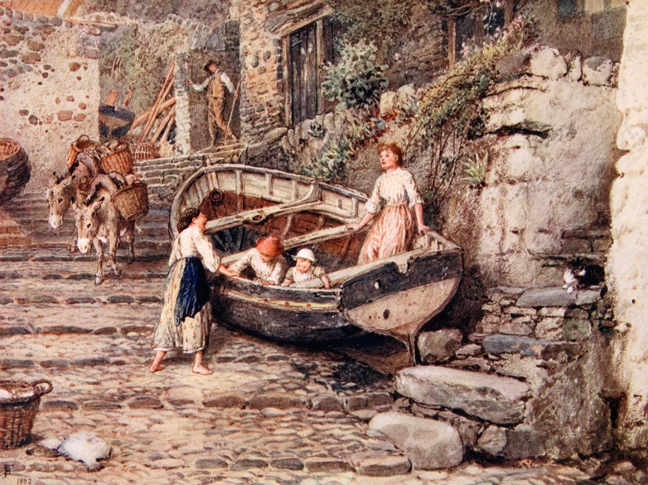 Udsigt over Clovelly, med strandet båd og figurer, 1882 af Myles Birket Foster