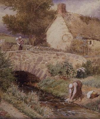 Kvinde vasker tøj i en strøm af Myles Birket Foster