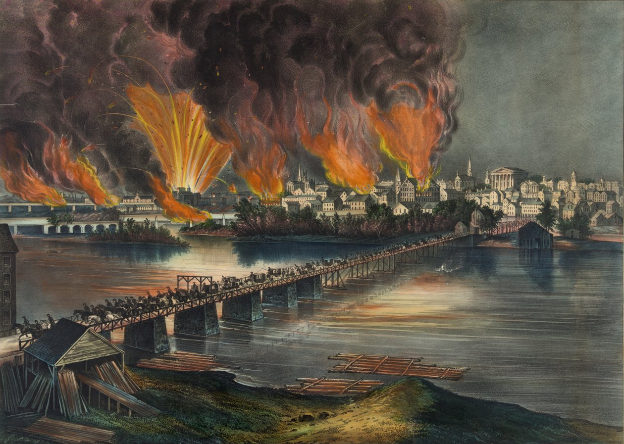 Richmond, Virginias fald natten til den 2. april 1865 af Nathaniel Currier