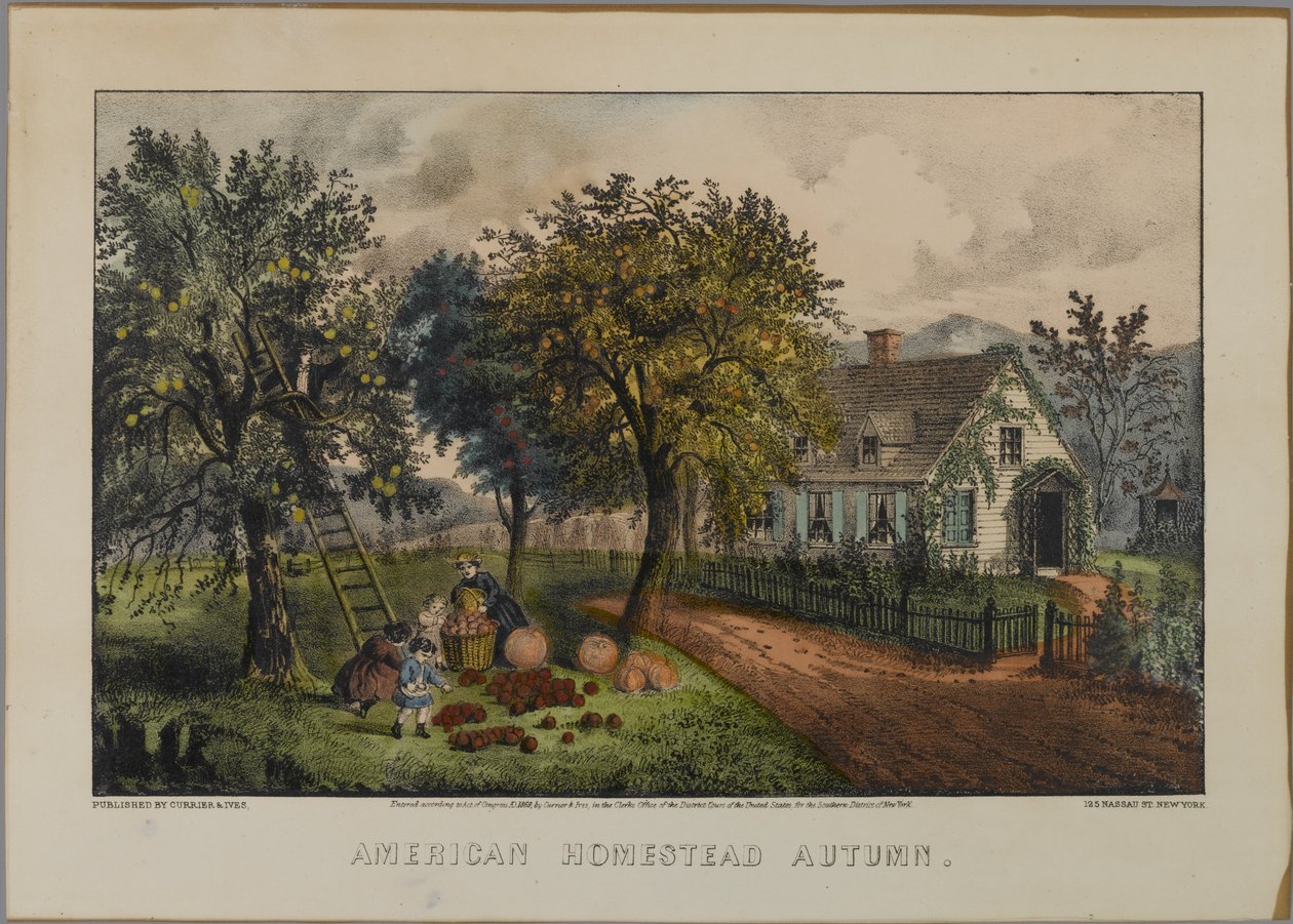 American Homestead Autumn, 1868-69 (håndfarvet litho) af N. and Ives, J.M. Currier