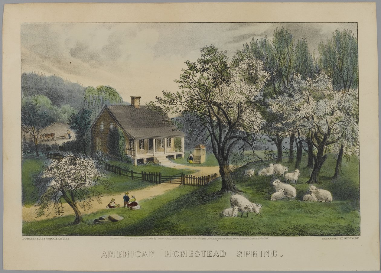 American Homestead Spring, 1868-69 (håndfarvet litho) af N. and Ives, J.M. Currier