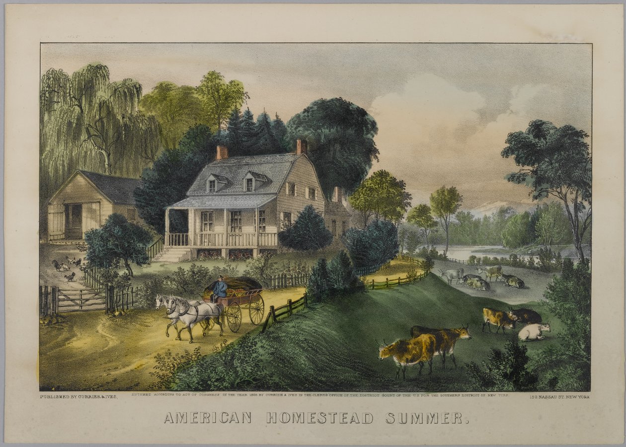 American Homestead Summer, 1868-69 (håndfarvet litho) af N. and Ives, J.M. Currier