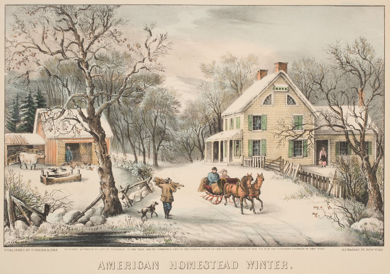American Homestead Winter, 1868 (farvet litho) af N. and Ives, J.M. Currier