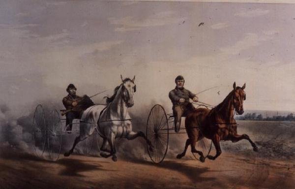 Hero og Flora Temple svinger på hjemmebane i deres store match om 2000 dollars på Centreville-banen i 1855 af N. and Ives, J.M. Currier