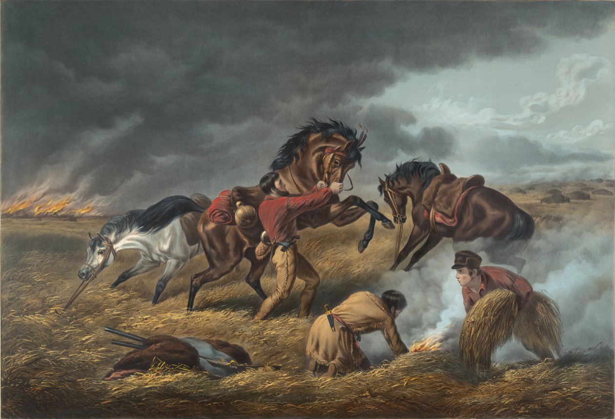 Life on the Prairie: The Trappers forsvar, "Fire fight Fire, 1862 af N. and Ives, J.M. Currier