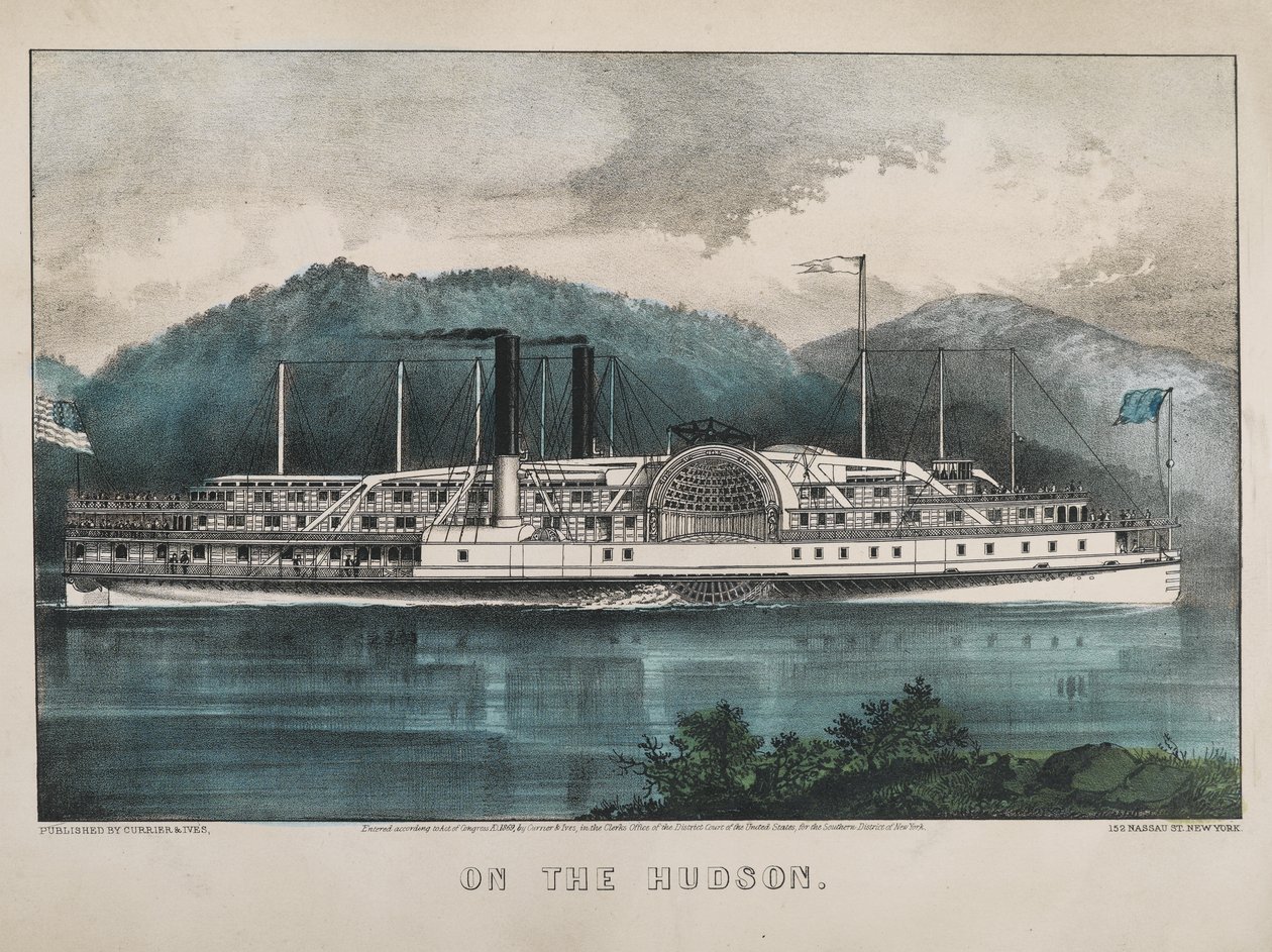 On the Hudson, 1869 (håndfarvet litho) af N. and Ives, J.M. Currier