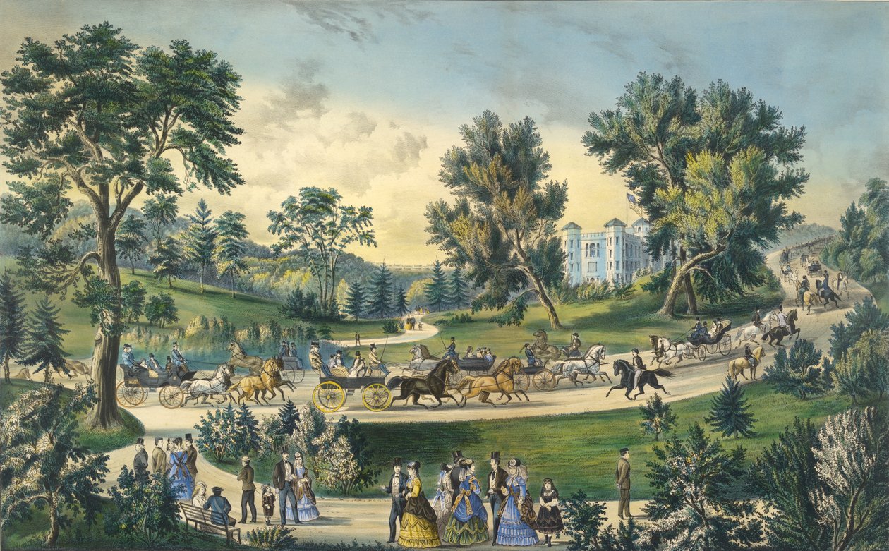 The Grand Drive, Central Park, New York, 1869 af N. and Ives, J.M. Currier