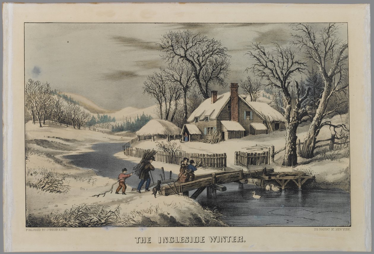 The Ingleside Winter (håndfarvet litho) af N. and Ives, J.M. Currier