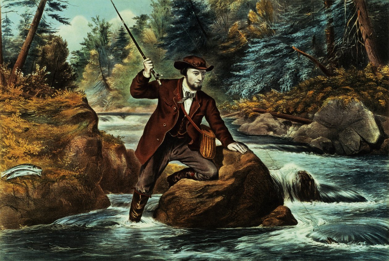 Bækørredfiskeri - et ængsteligt øjeblik, 1862 af N. and Ives, J.M. Currier
