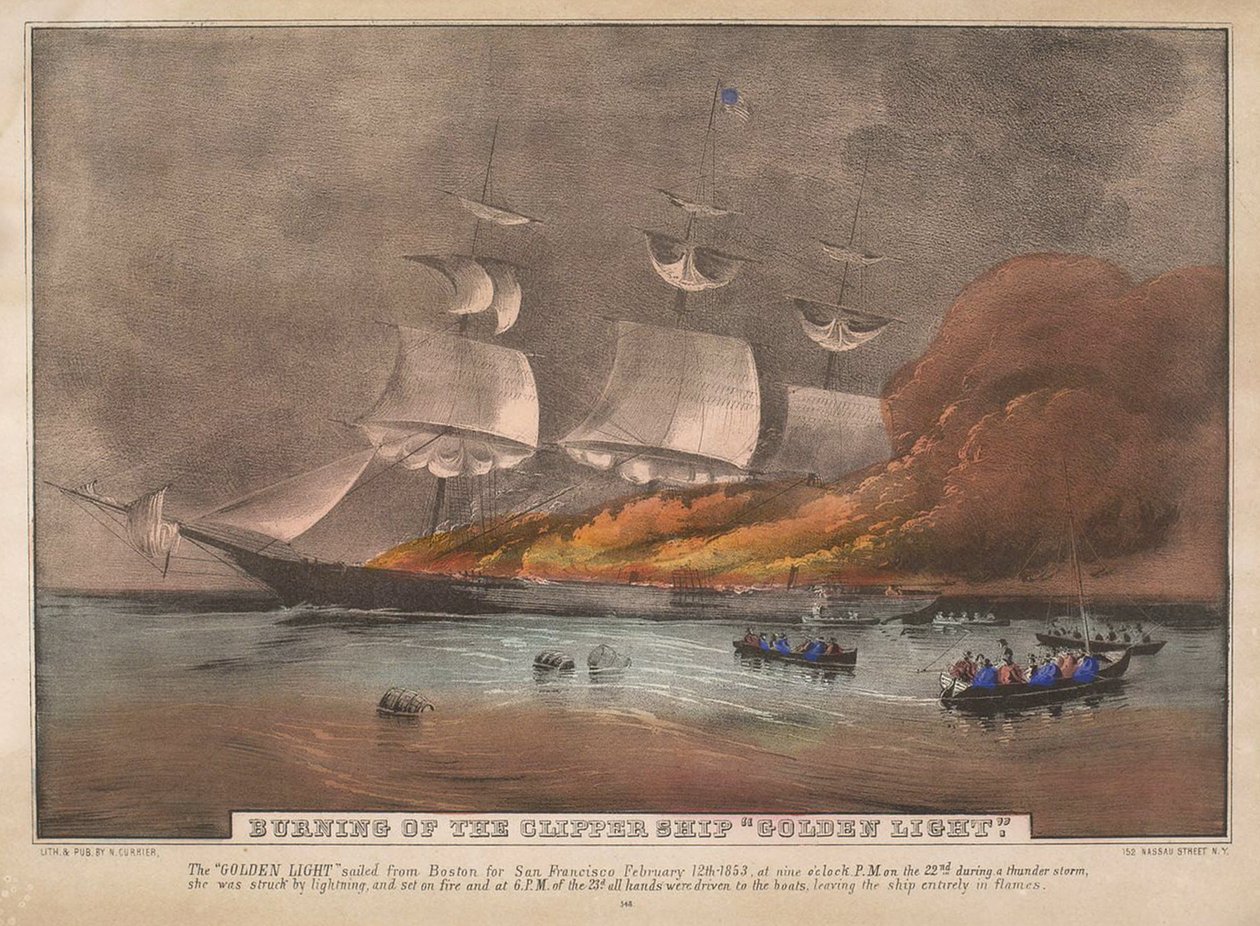 Afbrænding af klipperskibet "Golden Light", af N. and Ives, J.M. Currier