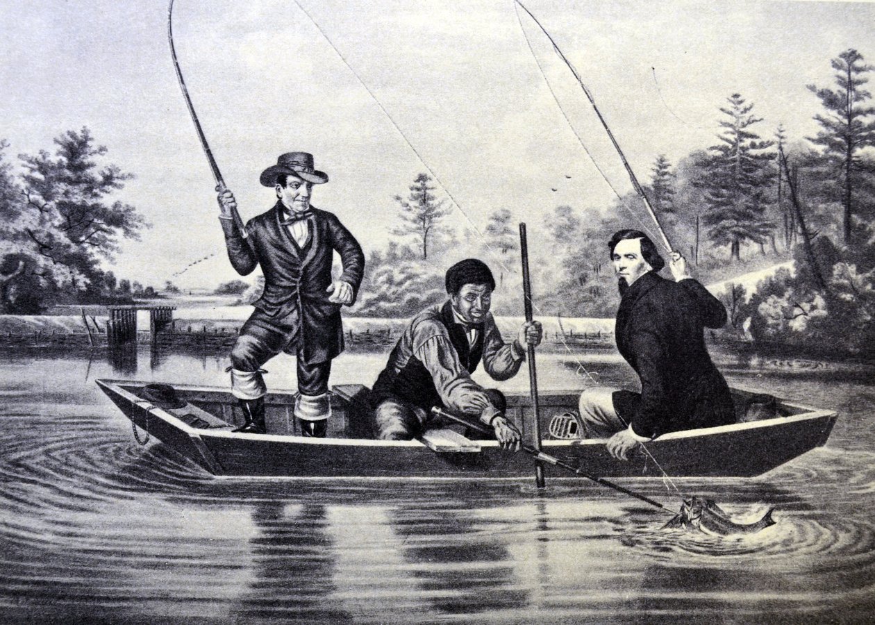 Currier & Ives Illustration 19. århundrede. At fange en ørred. Vi hab dig nu, sar af N. and Ives, J.M. Currier
