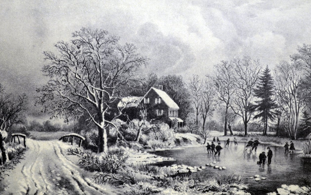 Currier & Ives Illustration 1800-tallet. Tidlig Vinter af N. and Ives, J.M. Currier