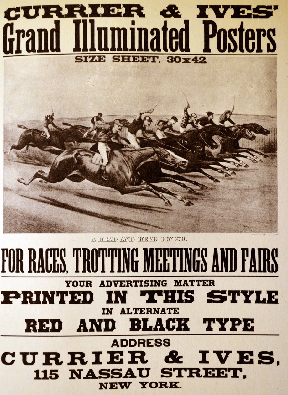 Currier & Ives Illustration 1800-tallet. Store oplyste plakater til løb, travstævner og messer af N. and Ives, J.M. Currier