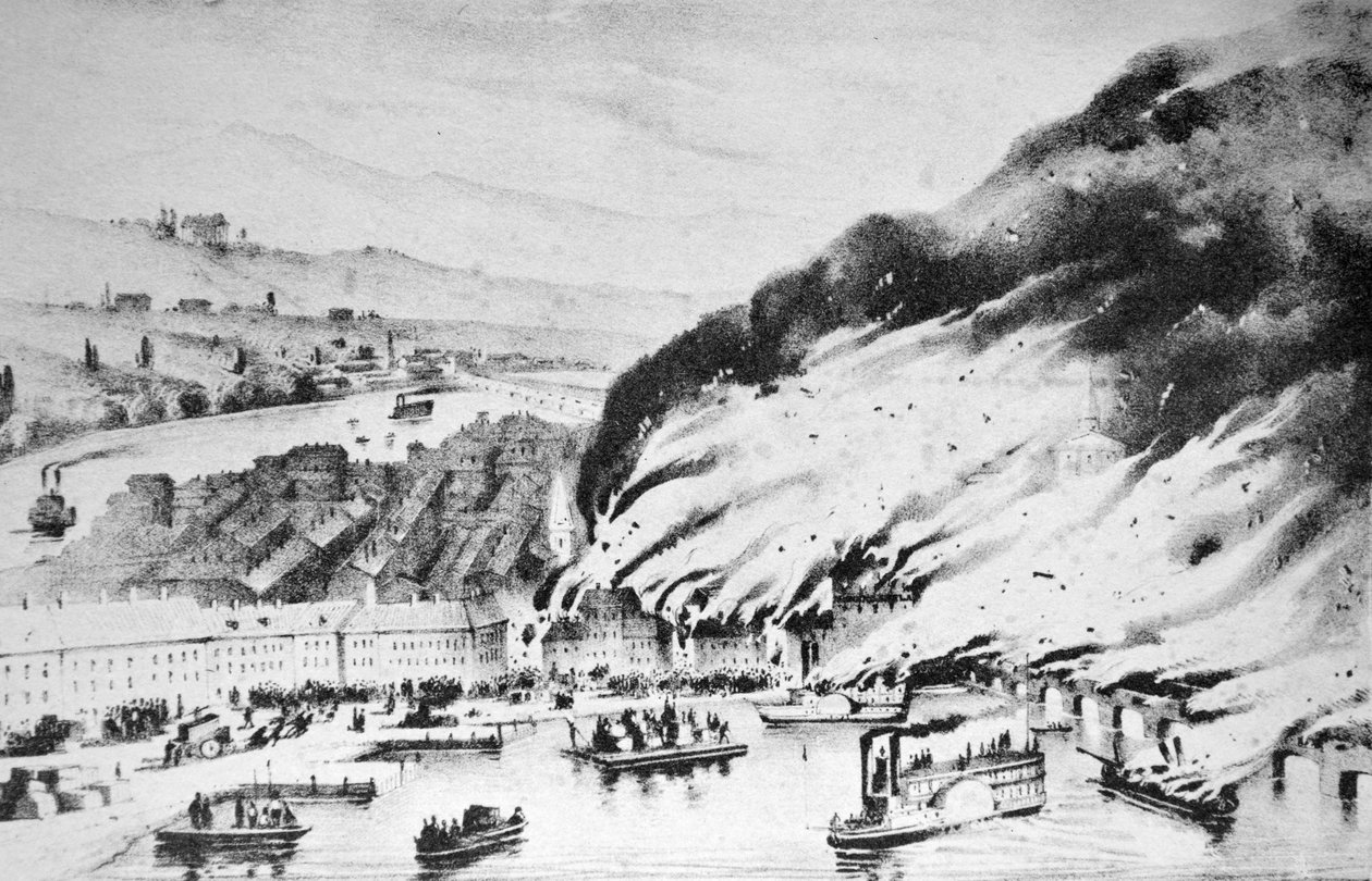 Currier & Ives Illustration 1800-tallet. Stor brand i Pittsburgh, PA af N. and Ives, J.M. Currier