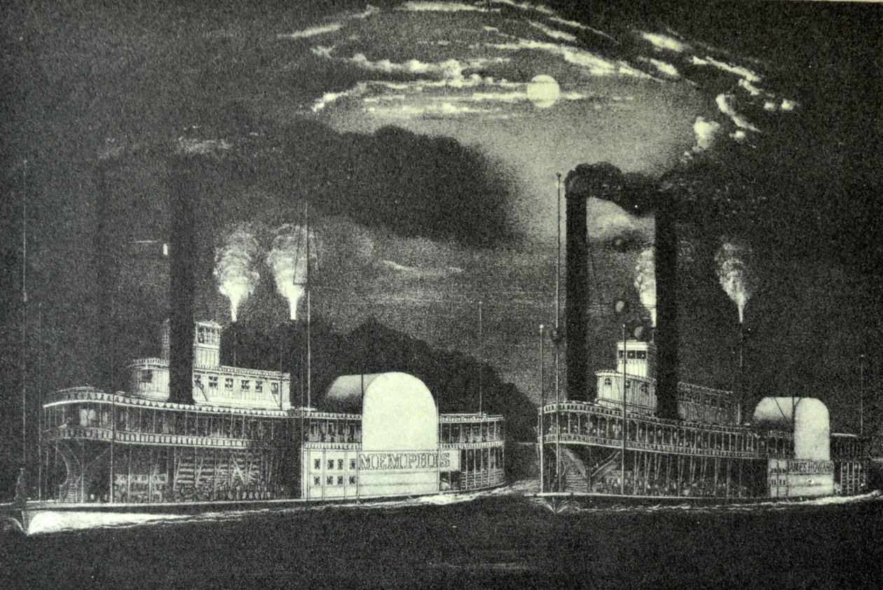 Currier & Ives Illustration 1800-tallet. Midnatsløb på Mississippi af N. and Ives, J.M. Currier