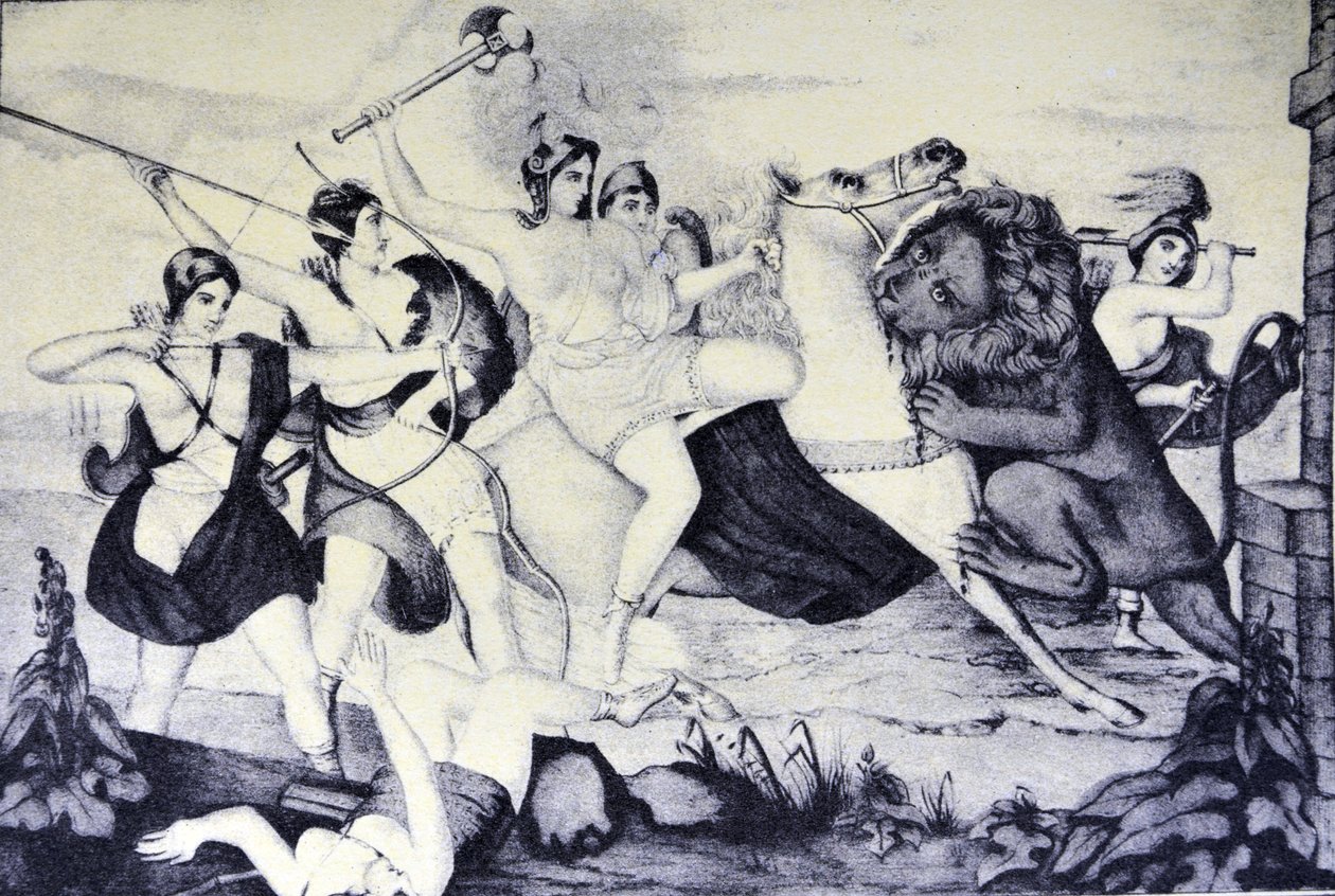 Currier & Ives Illustration 1800-tallet. Amazonernes dronning angrebet af en løve af N. and Ives, J.M. Currier