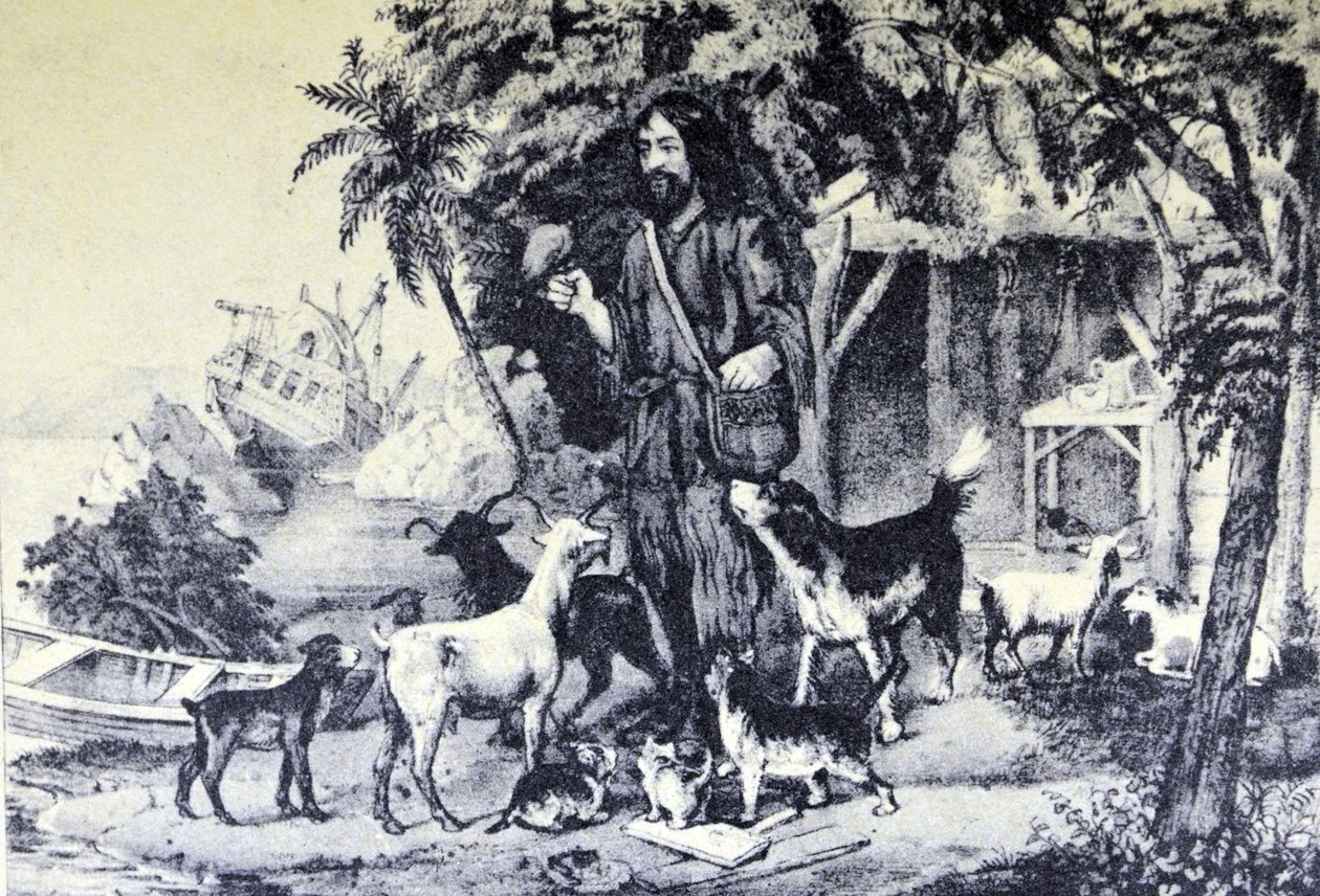 Currier & Ives Illustration 1800-tallet. Robinson Crusoe og hans kæledyr af N. and Ives, J.M. Currier