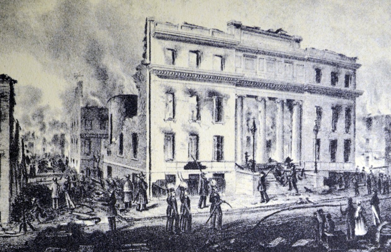 Currier & Ives Illustration 1800-tallet. Ruinerne af Merchants Exchange, New York af N. and Ives, J.M. Currier