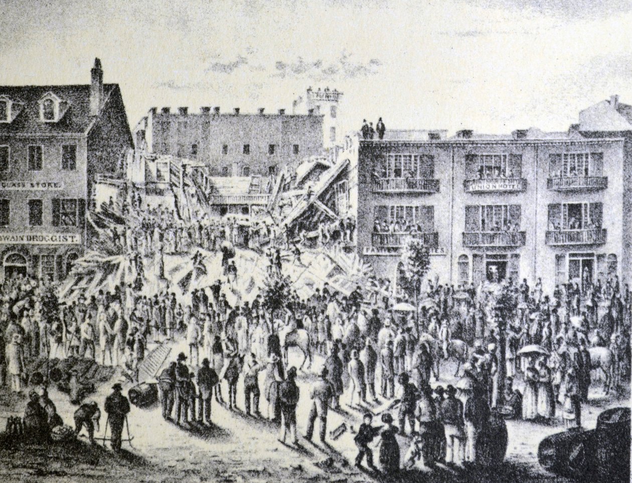 Currier & Ives Illustration 1800-tallet. Ruinerne af Planters Hotel, New Orleans af N. and Ives, J.M. Currier