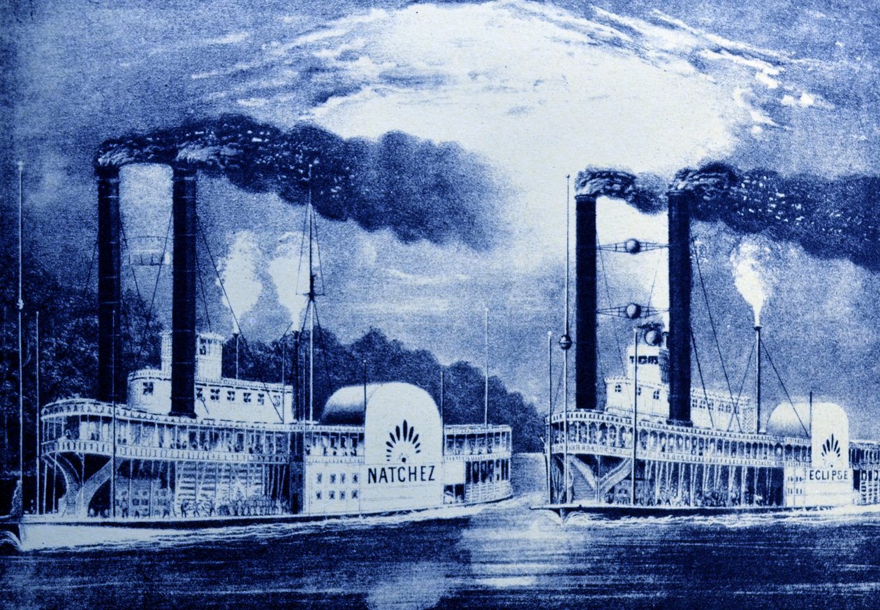 Currier & Ives Illustration 1800-tallet. Steamboat Race på Mississippi, Act IV, Scene III, Jarrett & Palmers Revival of Uncle Toms Cabin af N. and Ives, J.M. Currier