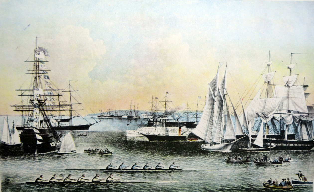 Currier & Ives Illustration 1800-tallet. Sommerscener af skibe i New York Harbor af N. and Ives, J.M. Currier