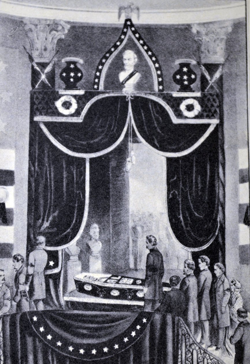 Currier & Ives Illustration 1800-tallet. Martyrpræsidenten Abraham Lincolns krop af N. and Ives, J.M. Currier