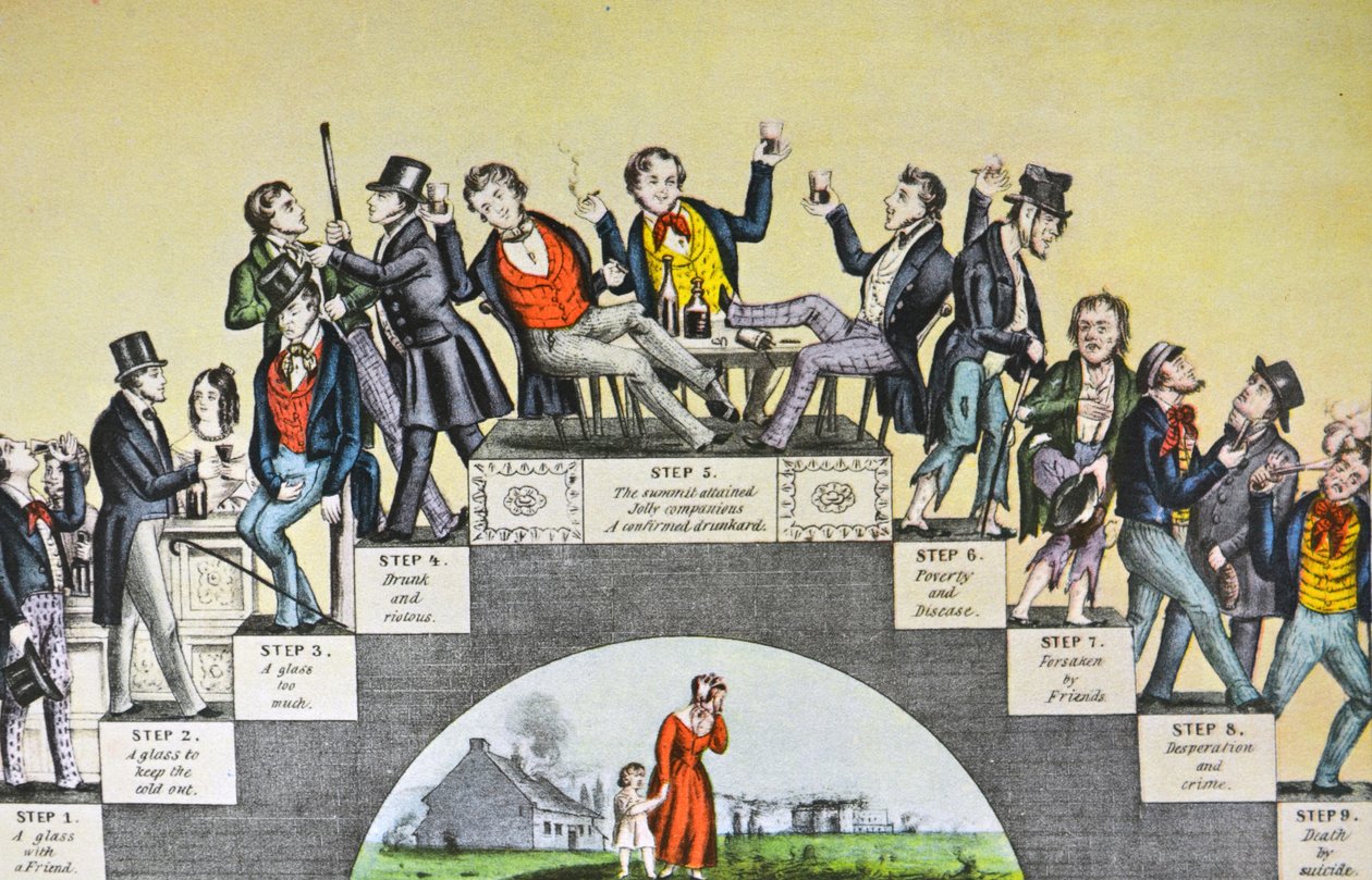Currier & Ives Illustration 1800-tallet. Drunkarderne fremskridt, fra det første glas til graven af N. and Ives, J.M. Currier