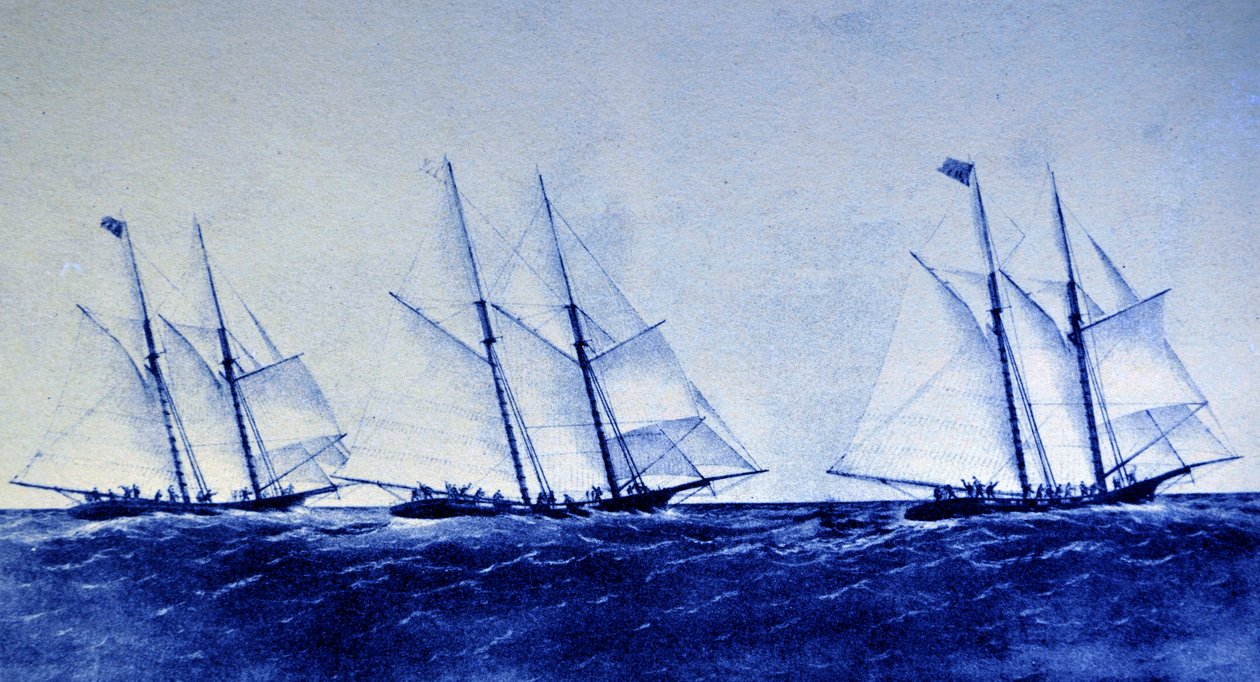 Currier & Ives Illustration 1800-tallet. The Great Ocean Yacht Race mellem Henrietta, Fleetwing og Vesta af N. and Ives, J.M. Currier