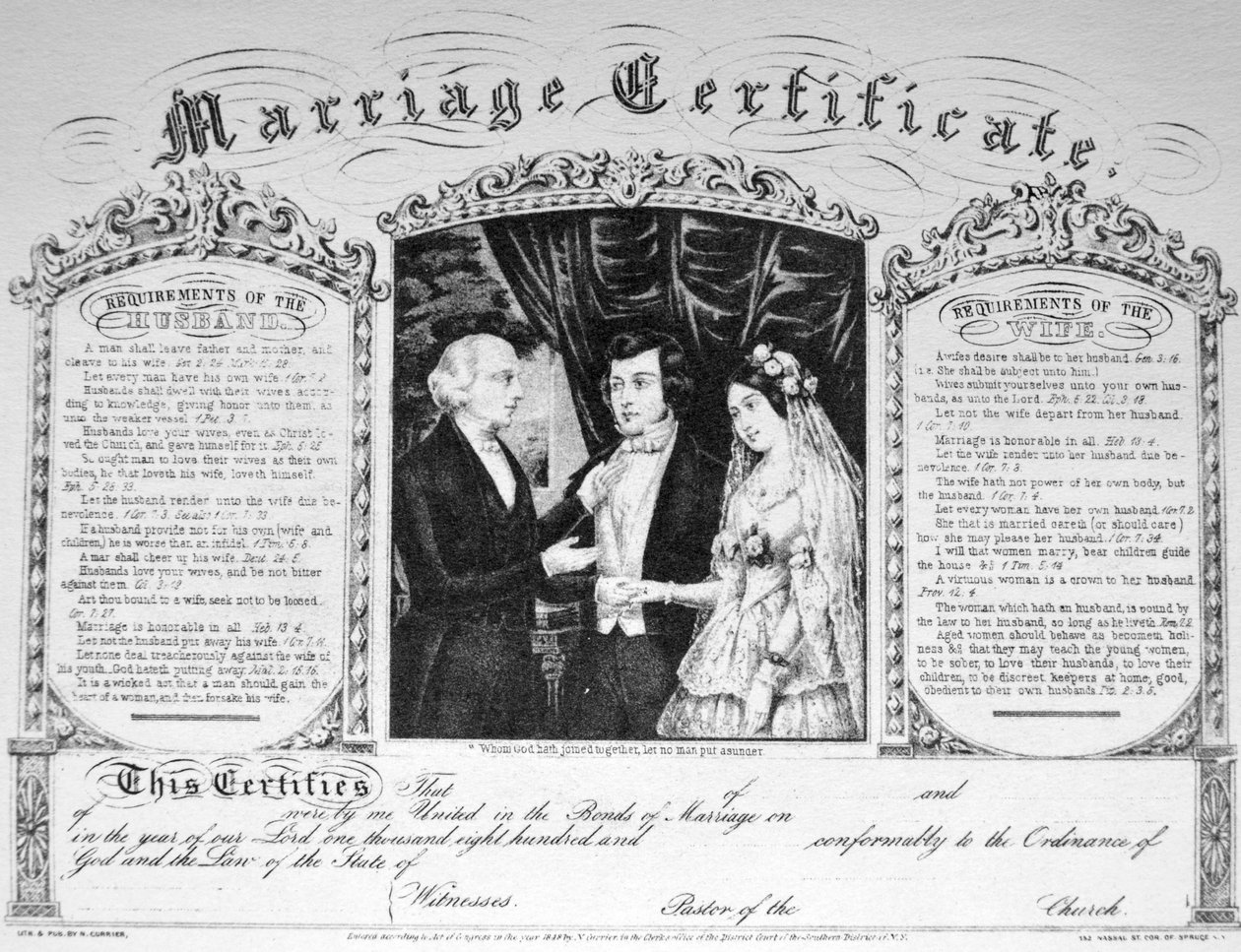 Currier & Ives Illustration 1800-tallet. Ægteskabsattesten af N. and Ives, J.M. Currier