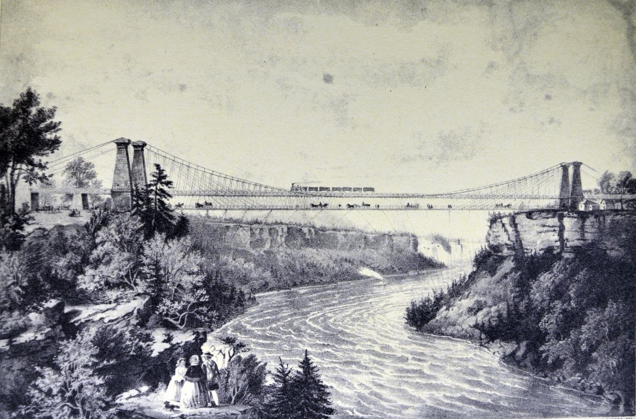 Currier & Ives Illustration 1800-tallet. Railroad Suspension Bridge, nær Niagara Falls. af N. and Ives, J.M. Currier