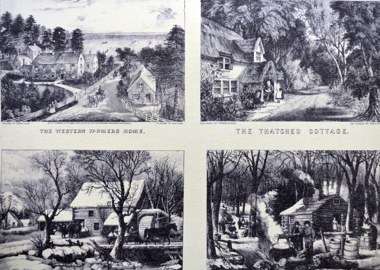 Currier & Ives Illustration 1800-tallet. Det vestlige Farmers Home; Det stråtækte sommerhus; Frosset op; Maple Sugaring, tidligt forår i det nordlige skov af N. and Ives, J.M. Currier