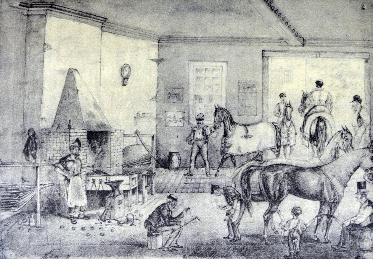 Currier & Ives Illustration 1800-tallet. Trav revner ved Forge (original tegning af Thomas Worth, hvorfra trykket er lavet.) af N. and Ives, J.M. Currier