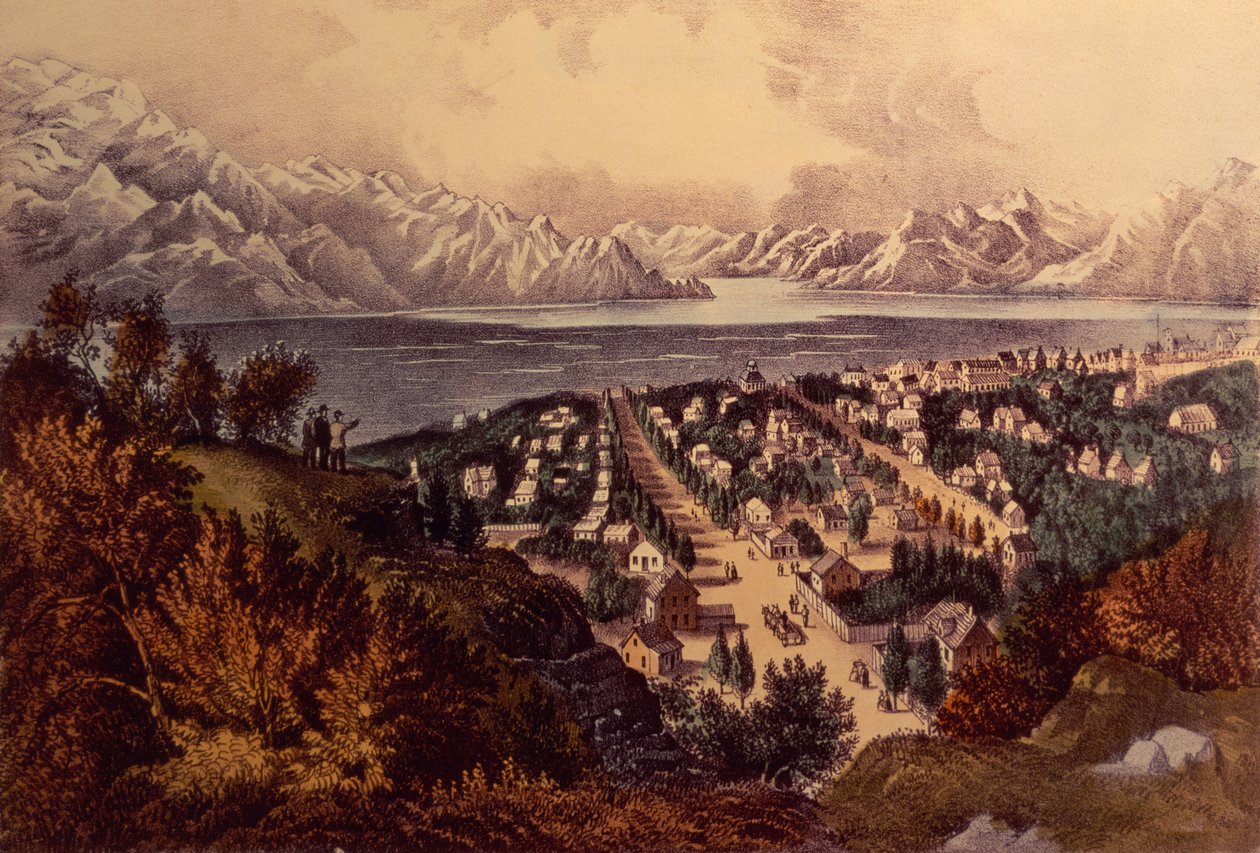 Great Salt Lake, Utah (farve litho) af N. and Ives, J.M. Currier